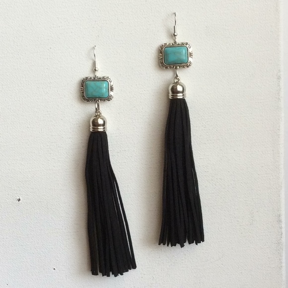 Turquoise & Leather Tassel Earrings - Picture 2 of 7